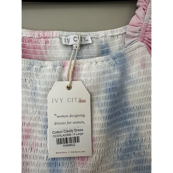 Ivy City NWT Cotton Candy Dress Midi Smocked Tiered Short Sleeve Blue Pink XL - Picture 3 of 7